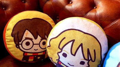 Two soft cushions - featuring Kawai Harry Potter and Hermione Granger - on a leather lounge.
