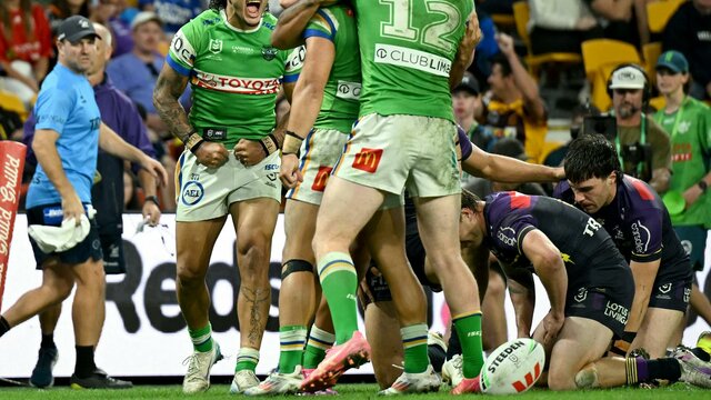 Canberra Raiders Xavier Savage celebration.