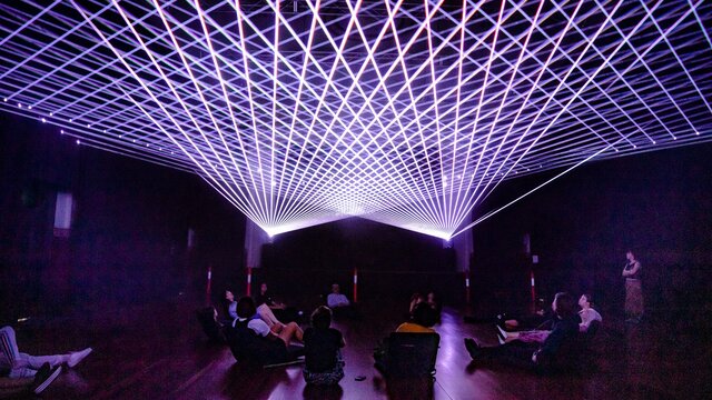 Strobing lights at an exhibition.