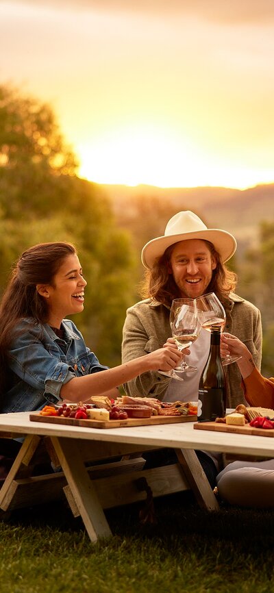 Three friends clinking glasses over share platters at a winery.