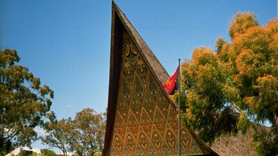 An ornately decorated and sloped roof behind a red and green flag.