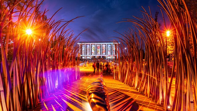 Enlighten Festival with the illuminated National Library of Australia in the background