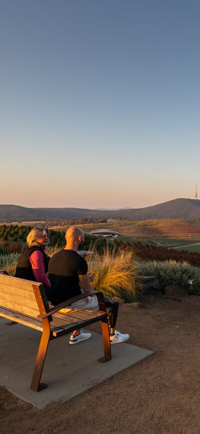 A couple sit and take in a sunset at the National Arboretum.