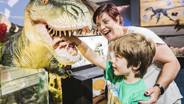 © Martin Ollman Image of a woman and young boy exploring the teeth of a dinosaur stature at the National Dinosaur Museum. | © Martin Ollman
