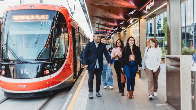 A group of friends walk next to a stopped light rail