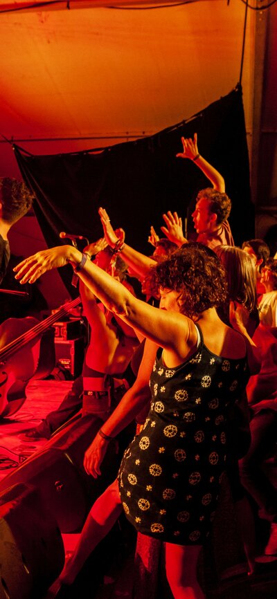National Folk Festival | © Richard Poulton Crowd cheering enthusiastically toward performer on stage at the Folk Festival, under red stage lights. | © Richard Poulton