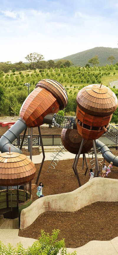 Pod Playground | © Wunderman Thompson Aerial image of the Pod Playground at the National Arboretum Canberra with the arboretum and Black Mountain Tower in the background. | © Wunderman Thompson